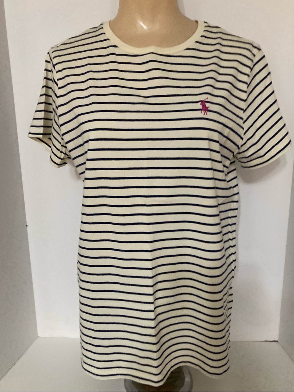Ralph Lauren Cream and Navy Striped Tee with Pink Pony. Item# SSct23
